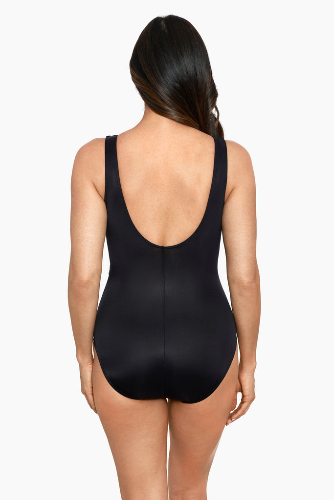 Back View of the Miraclesuit Stitch It Layered Escape One Piece