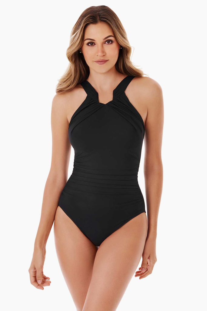 Slim woman wearing a well fitted swim suit.
