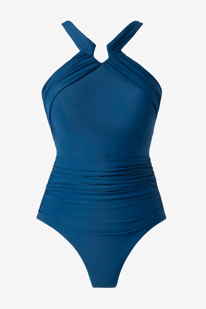 High neck blue one-piece swimsuit