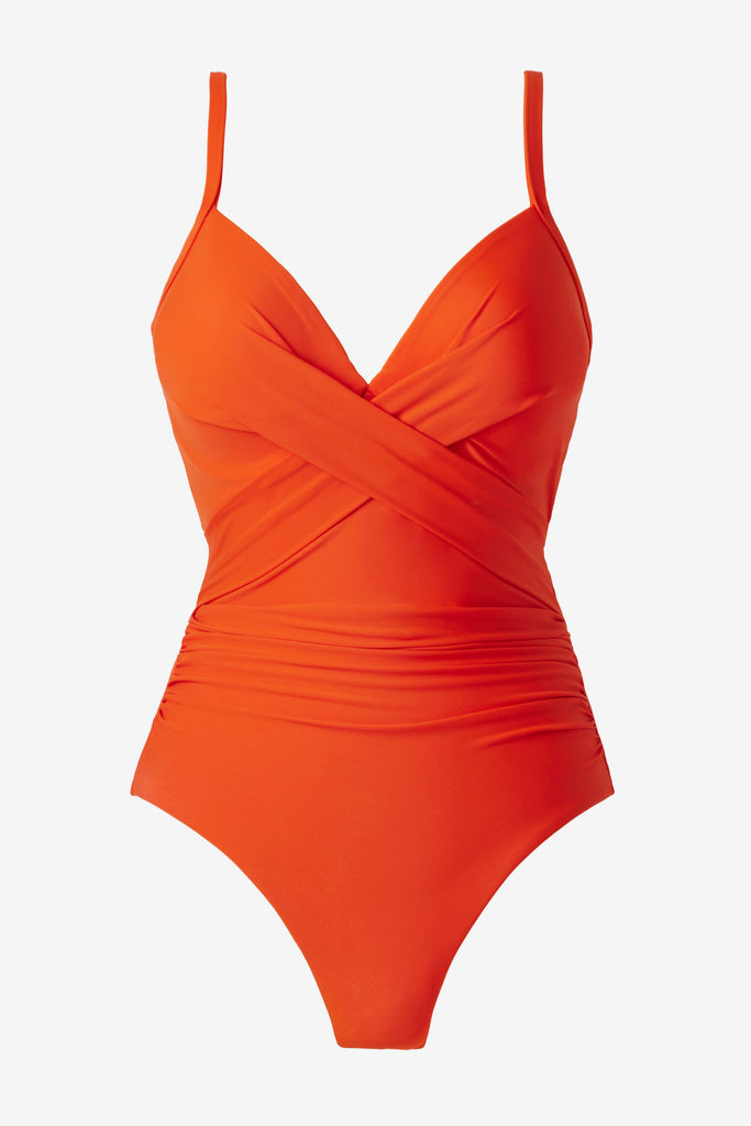 Orange swimsuit with a sweetheart neckline