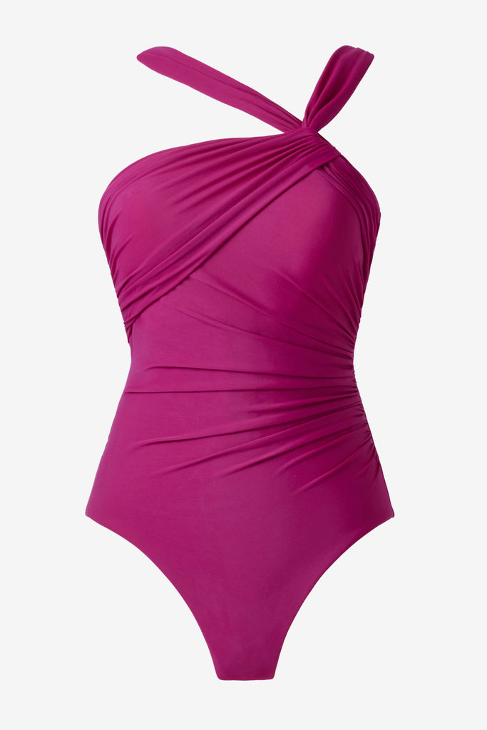 Magenta one-piece swimsuit with an asymmetrical neckline