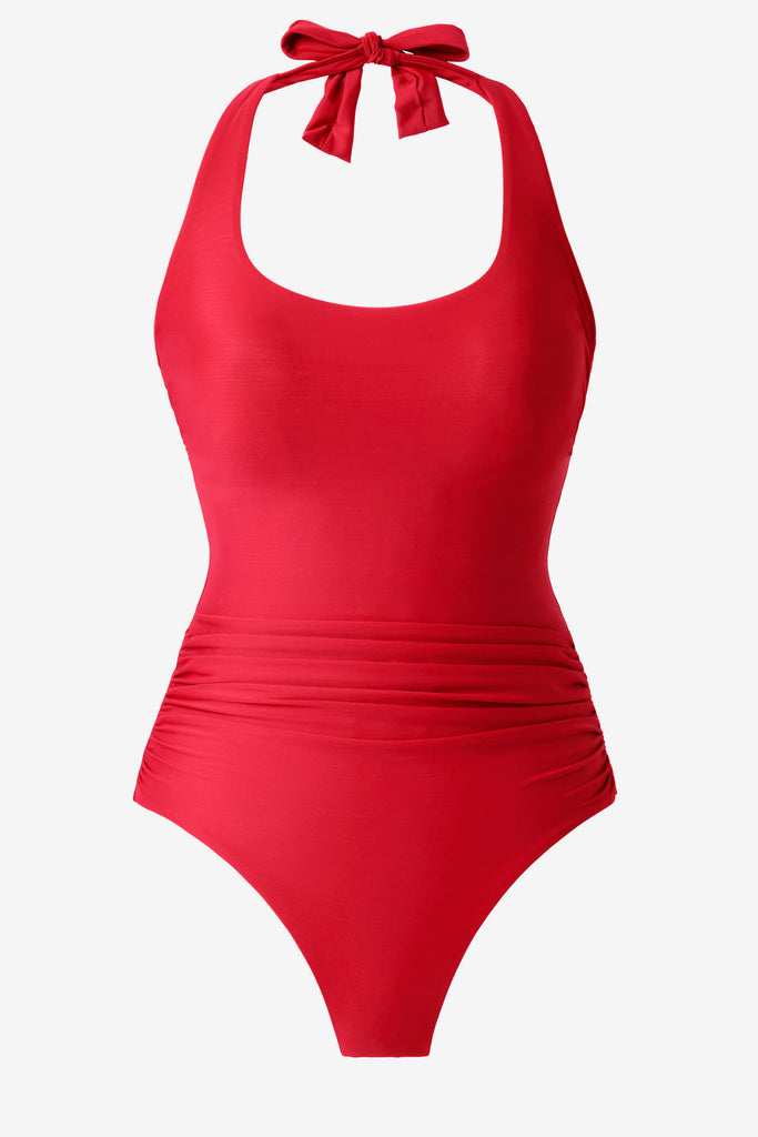 Red orange one-piece halter tie swimsuit