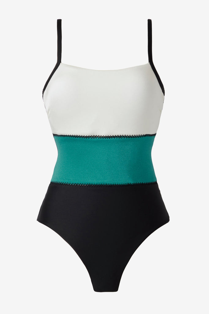 White, blue and black color block one-piece swimsuit