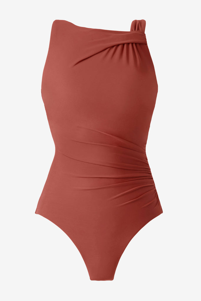 Brown high neck one-piece swimsuit