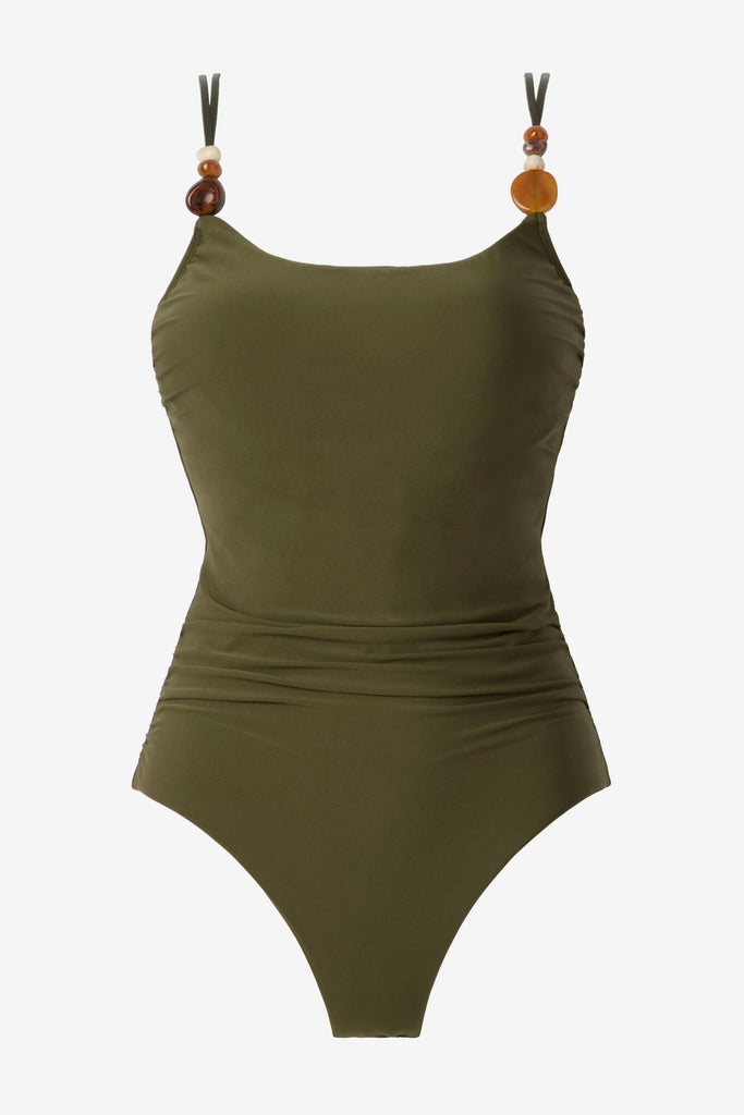 Bamboo green one-piece swimsuit with beads on the straps