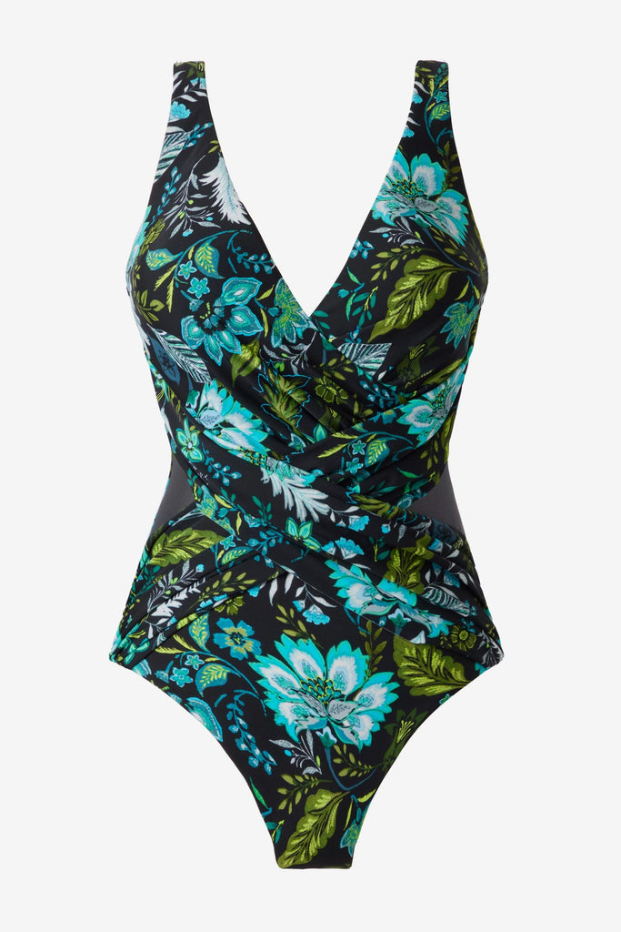 Multicolored floral printed one-piece swimsuit with a V neckline