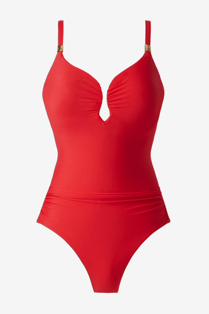 Orange one-piece swimsuit with a sweetheart neckline