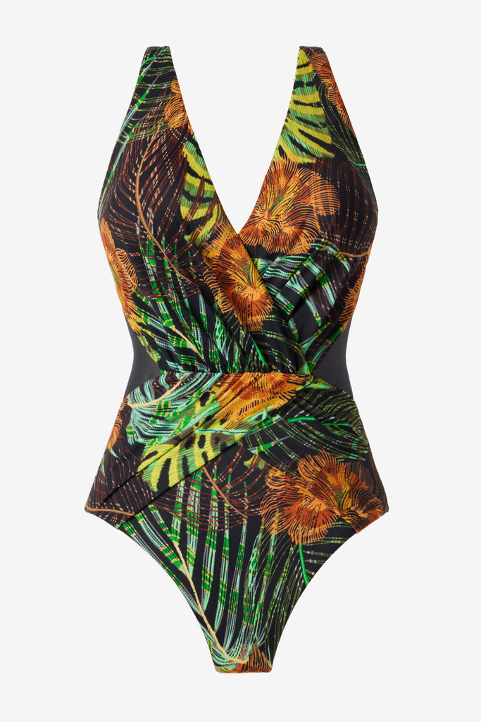 Multicolored palm leaf print one-piece swimsuit with a V  neckline
