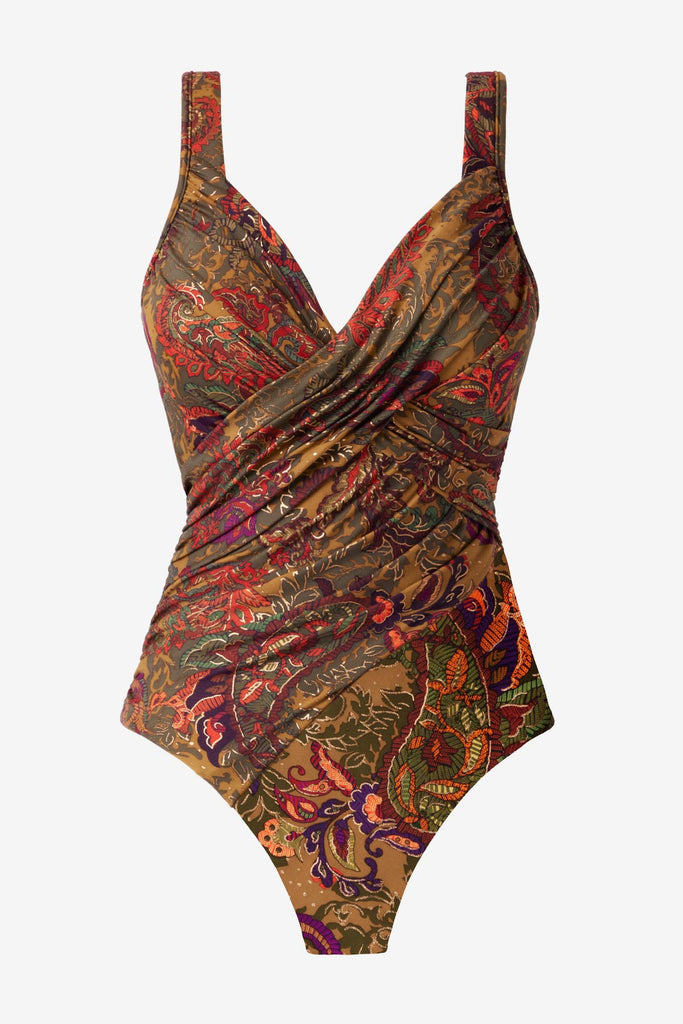 Multicolored paisley printed one-piece swimsuit with a sweetheart neckline