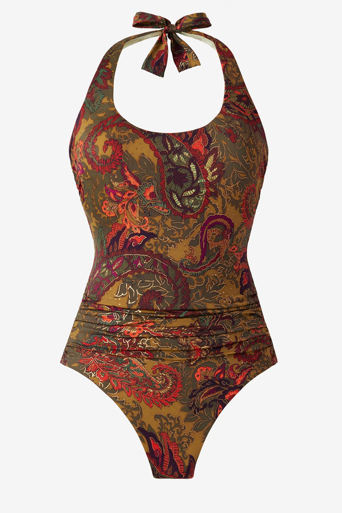 Halter one-piece swimsuit with brown paisley print