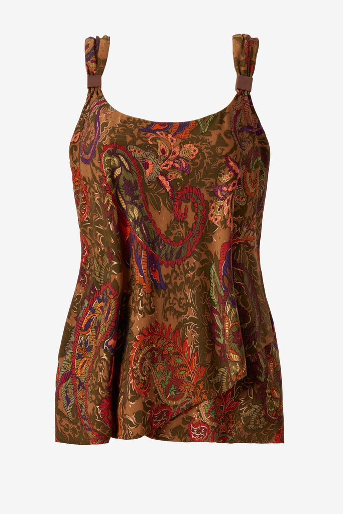 Multicolored paisley printed tankini top with details on the straps