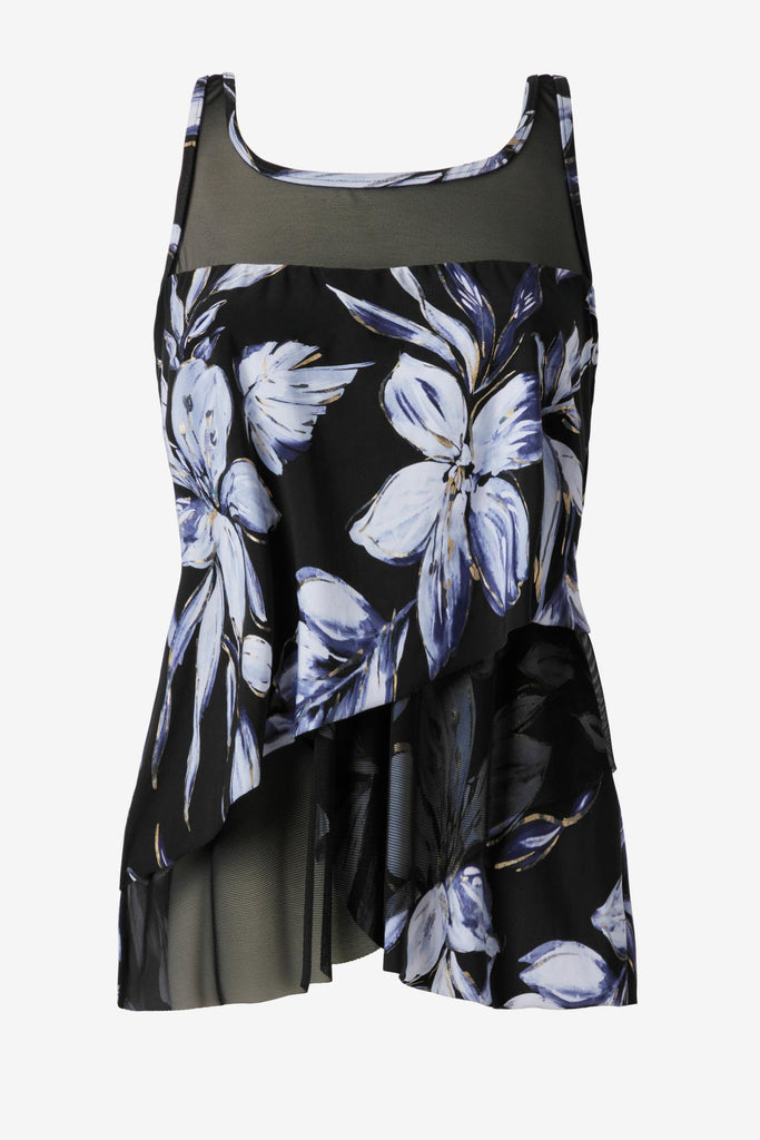 Black and white floral printed tankini top with mesh throughout