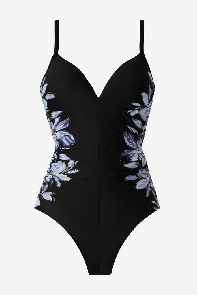Black and white floral printed one-piece swimsuit with the design on each side