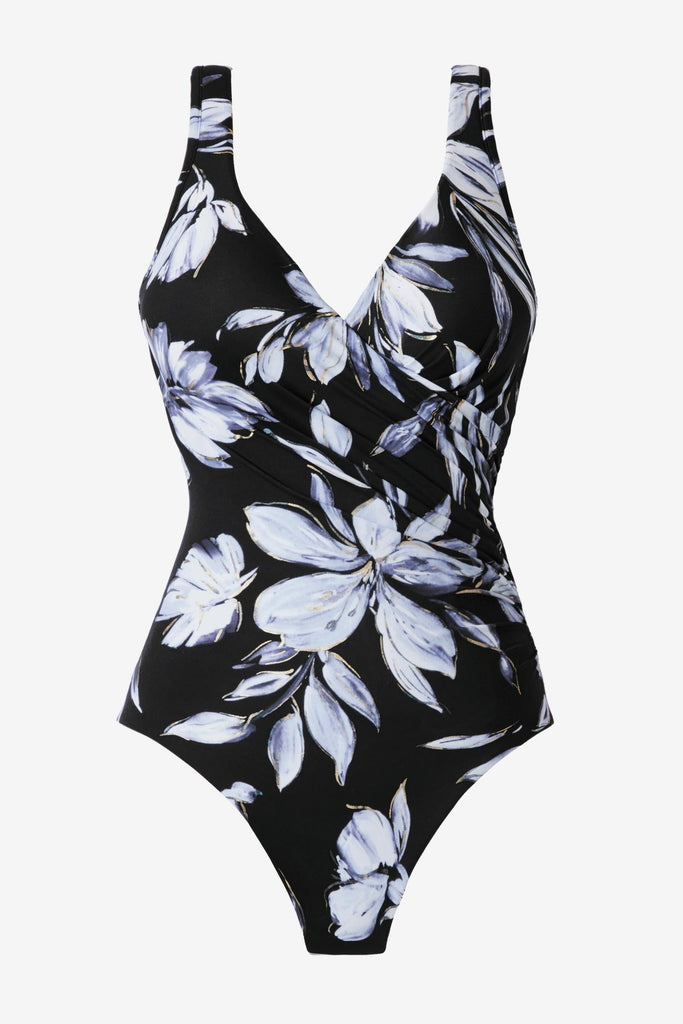 Black and white floral printed one-piece swimsuit with a sweetheart neckline