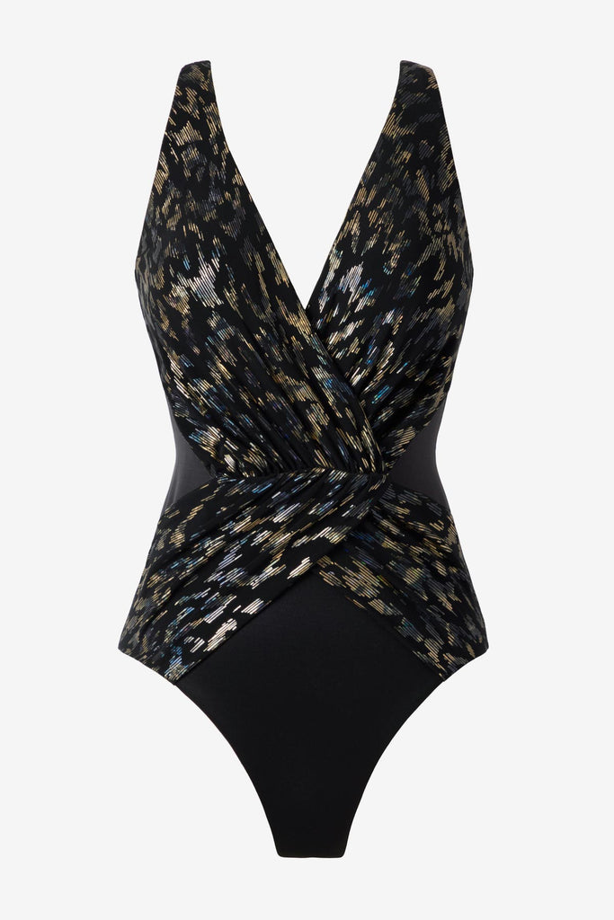 Sparkly black one-piece swimsuit with a V neckline