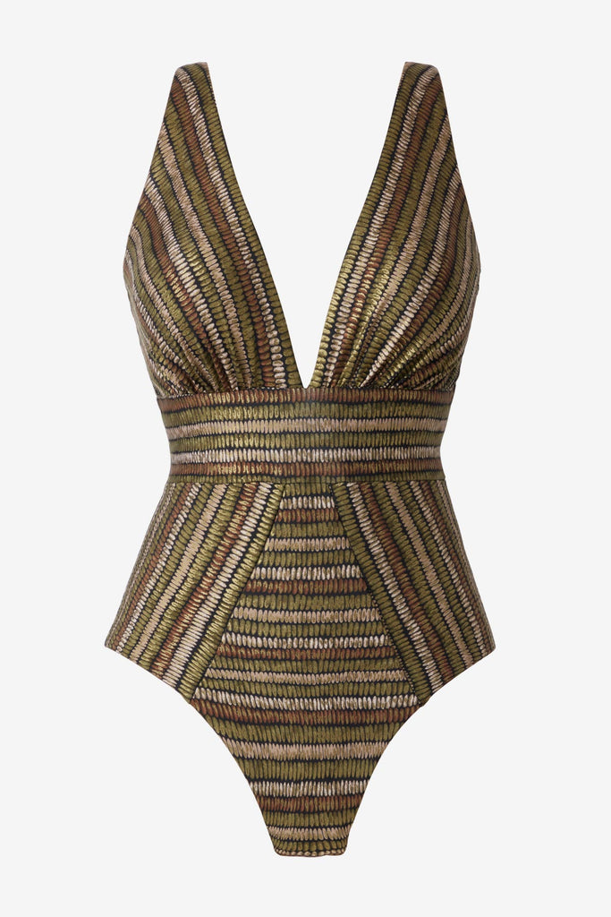 Shimmery golden brown striped one-piece swimsuit with a deep V neck