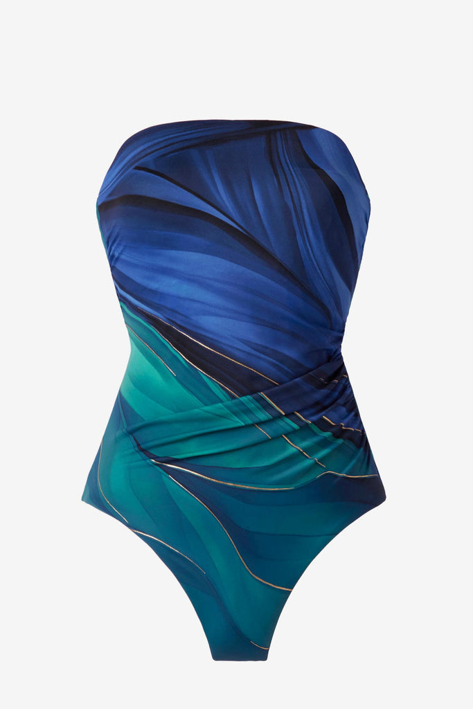 Multi-blue bandeau one-piece swimsuit with gold detail