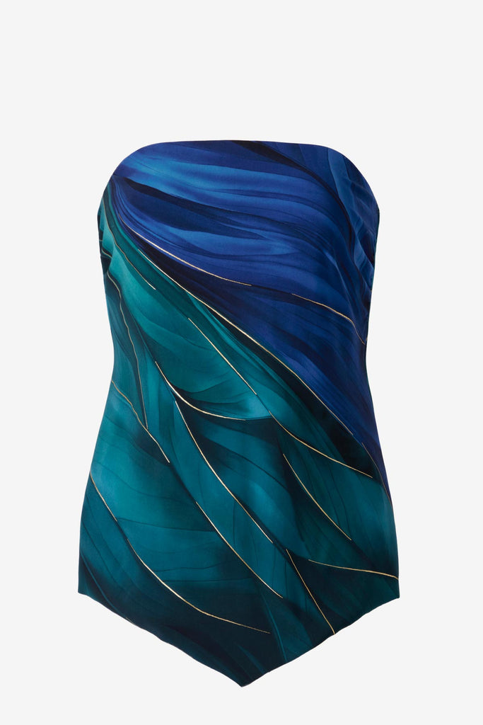 Multi-blue bandeau tankini top with gold detail