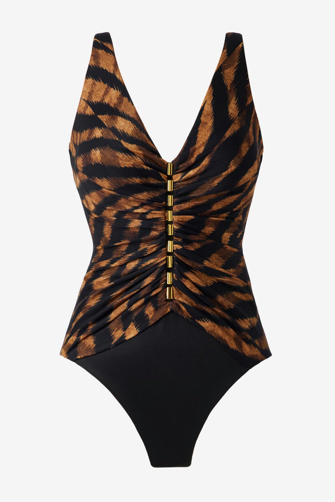 Black and brown printed one-piece swimsuit