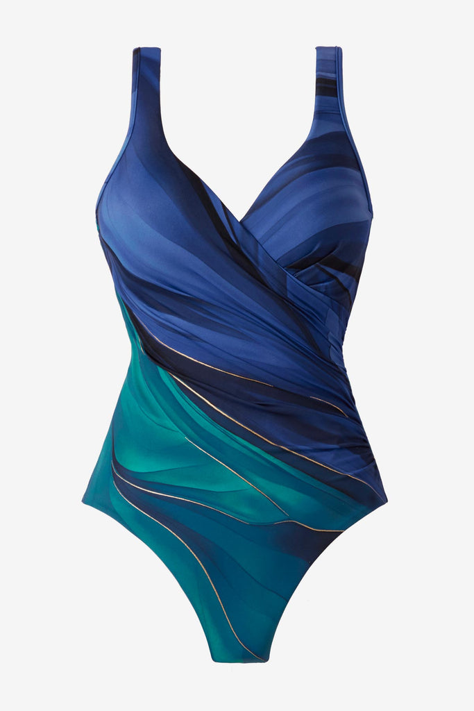 Multi-blue one-piece swimsuit with gold details