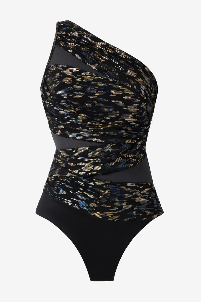 One shoulder sparkly black one-piece swimsuit