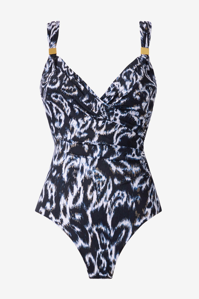 Black and white abstract printed one-piece swimsuit