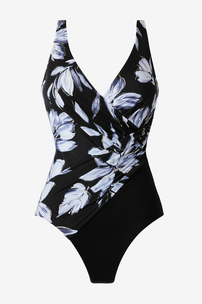 Black and white floral printed one-piece swimsuit with a V neckline