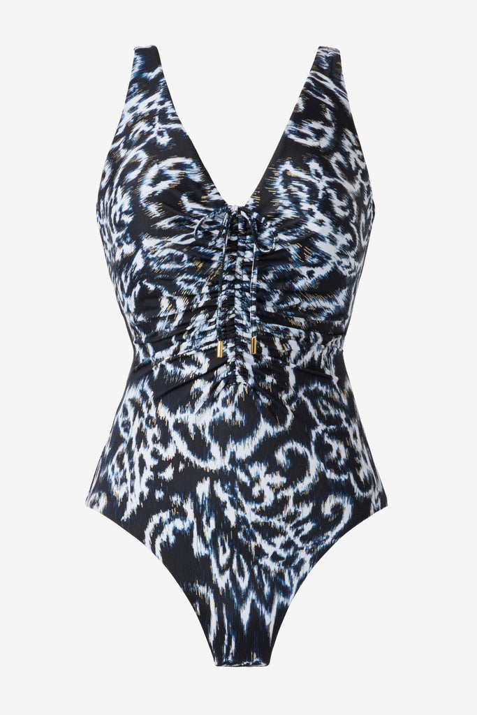 Black and white abstract printed V neck one-piece swimsuit
