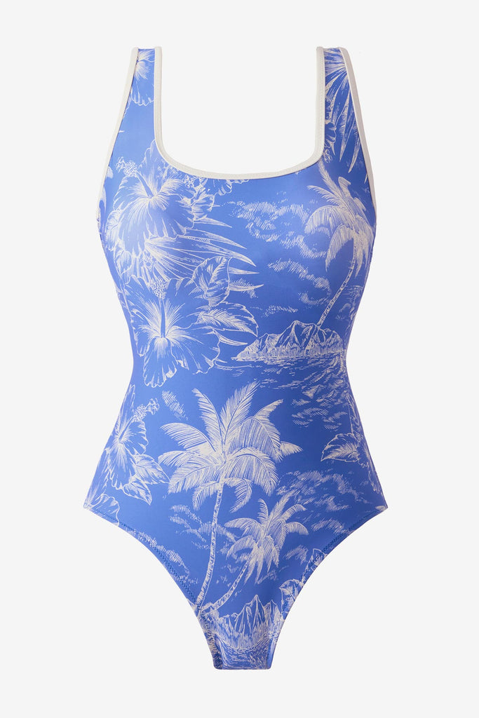 Blue and white one-piece swimsuit with a palm tree print
