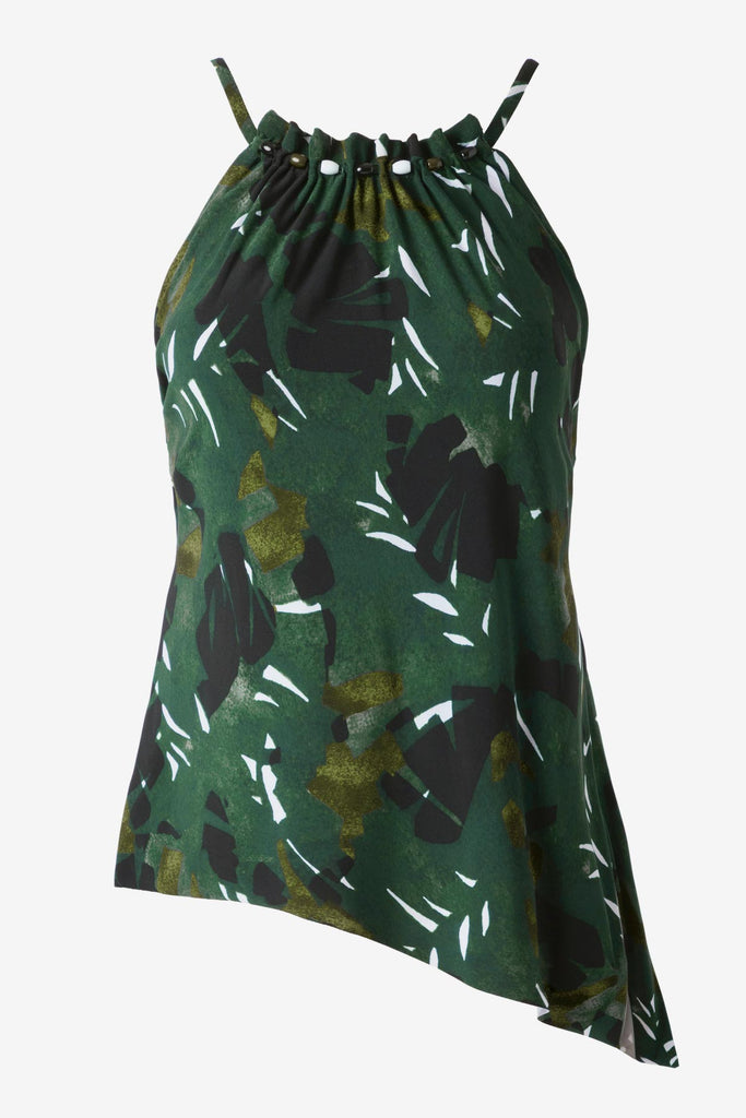 High neck tankini top with a palm leaf print