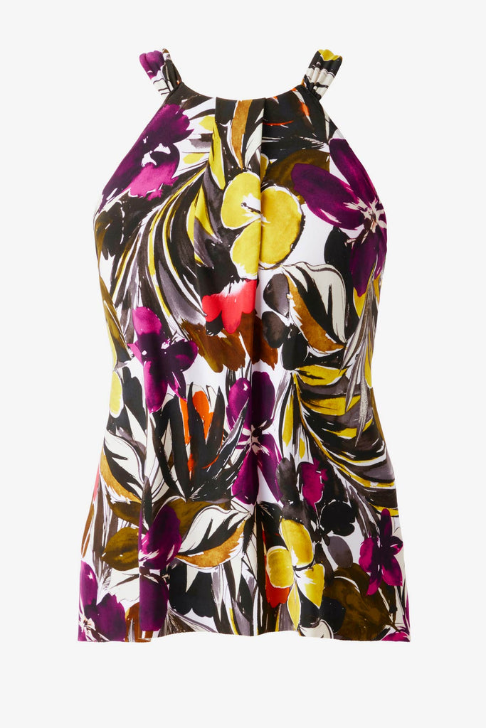 Woman wearing a multicolored floral printed high neck tankini top