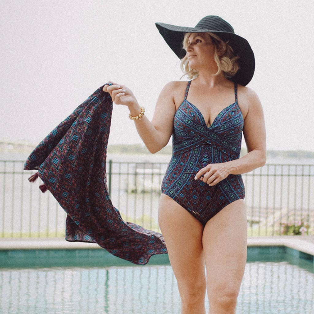 Influencer Shannon Mann wearing Romani One Piece and Caftan Swim Cover Up