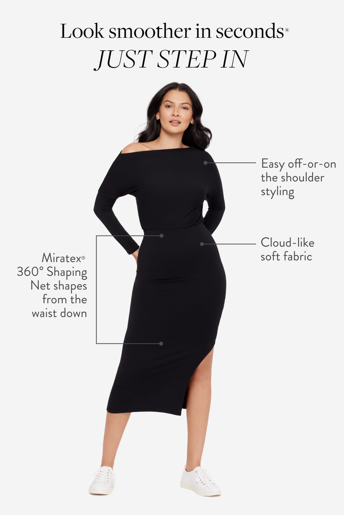 Infographic of woman highlighting the features of the black long sleeve dress
