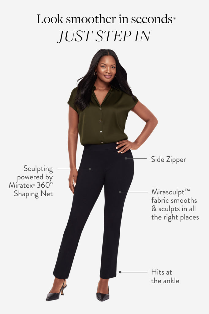 Infographic with woman highlighting the slim fit pants