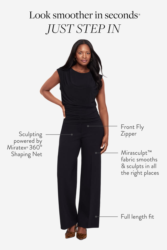 Infographic with woman highlighting the wide leg mirasculpt pant