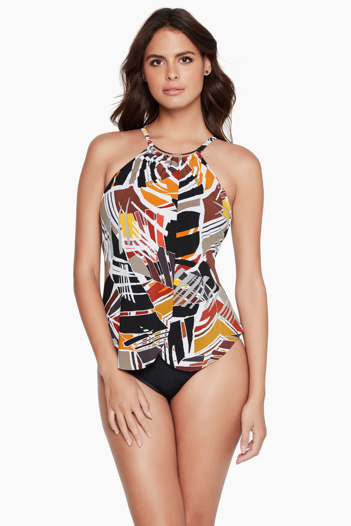 Woman in a high neck magic swim suit.
