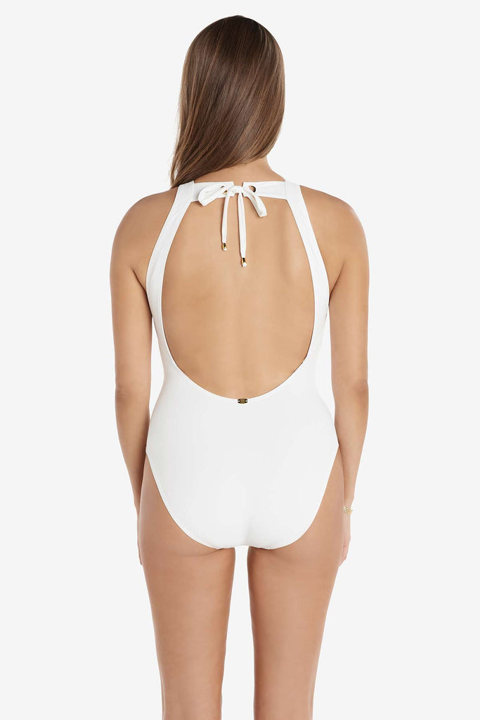 Back view of the Amoressa swimsuit in white
