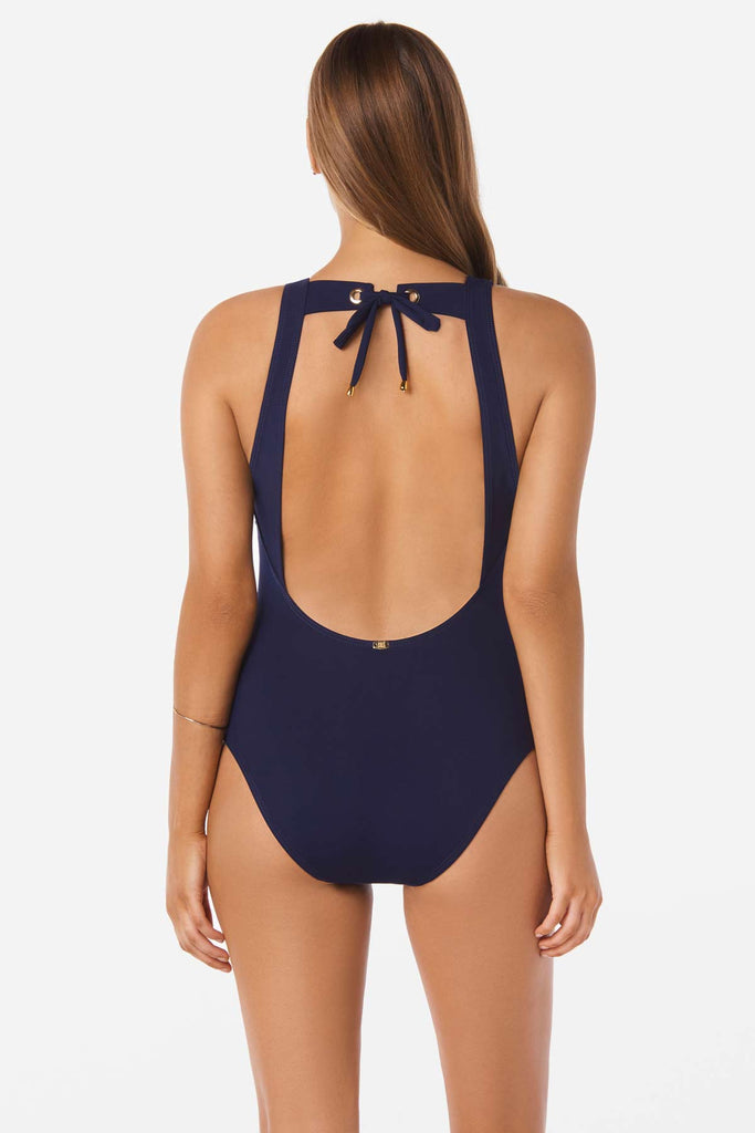 Back view of the Amoressa swimsuit in dark blue